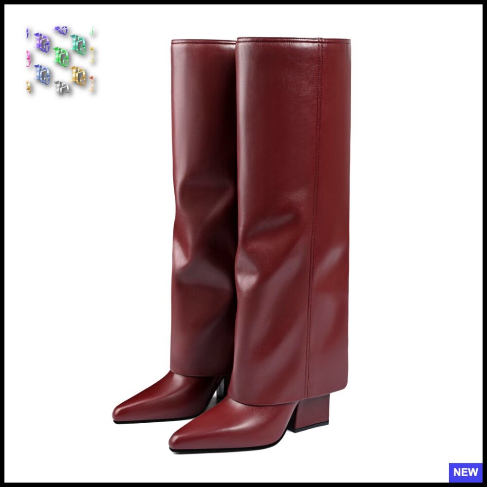 Knee High Boots Fold Over Pointed Toe Block Heel Chic Motorcycle Style Side